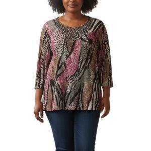 Signature by Larry Levine Woman Beaded Accordion Chiffon Blouse Animal Print Top